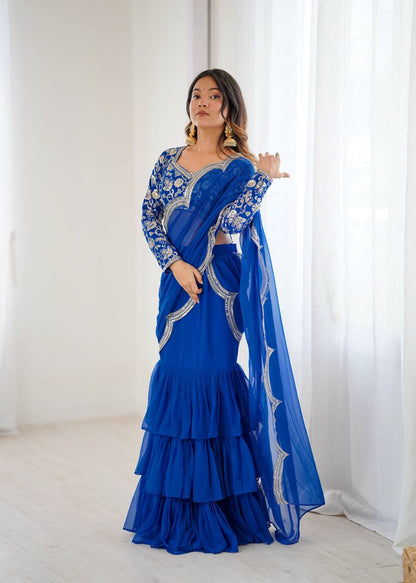 Blue Color Georgette Ruffle Ready To Wear Saree Set