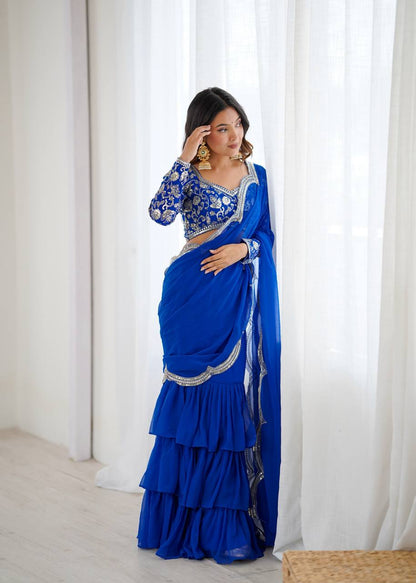 Blue Color Georgette Ruffle Ready To Wear Saree Set