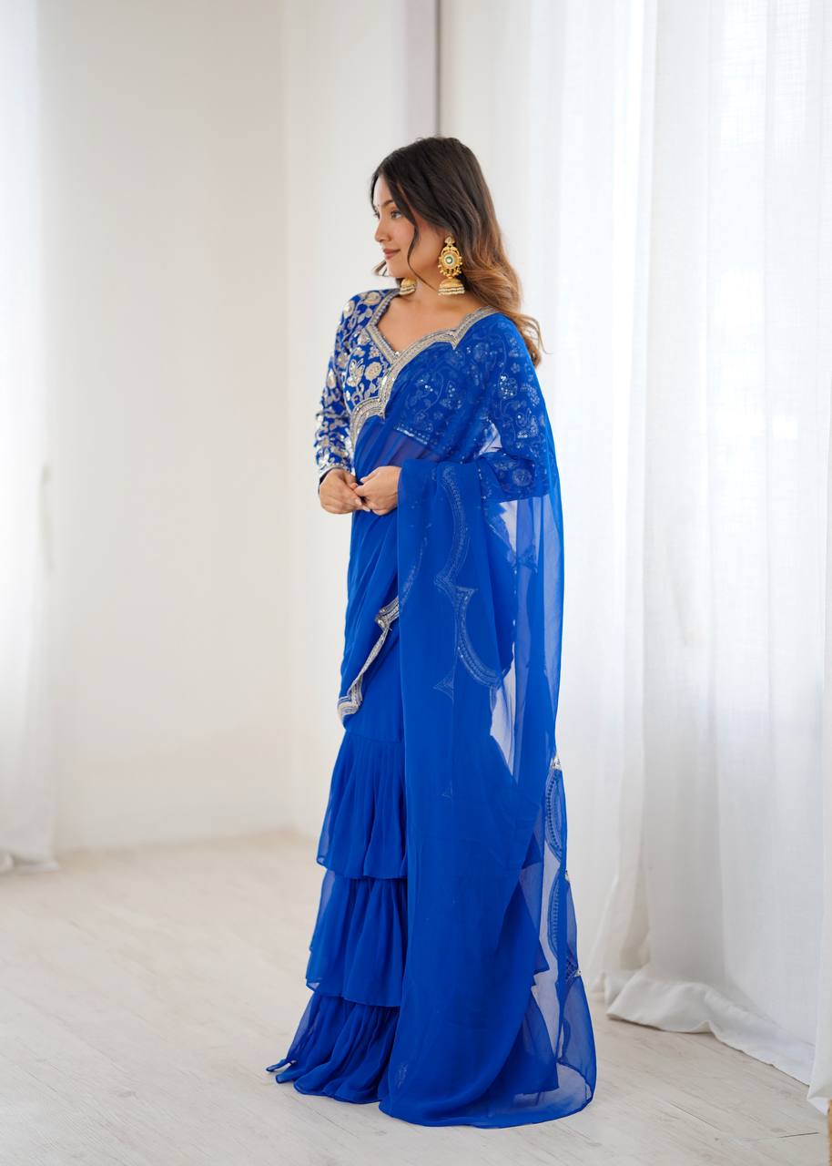Blue Color Georgette Ruffle Ready To Wear Saree Set