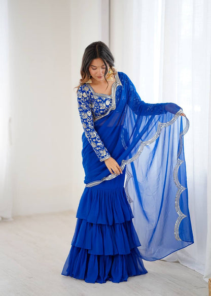 Blue Color Georgette Ruffle Ready To Wear Saree Set