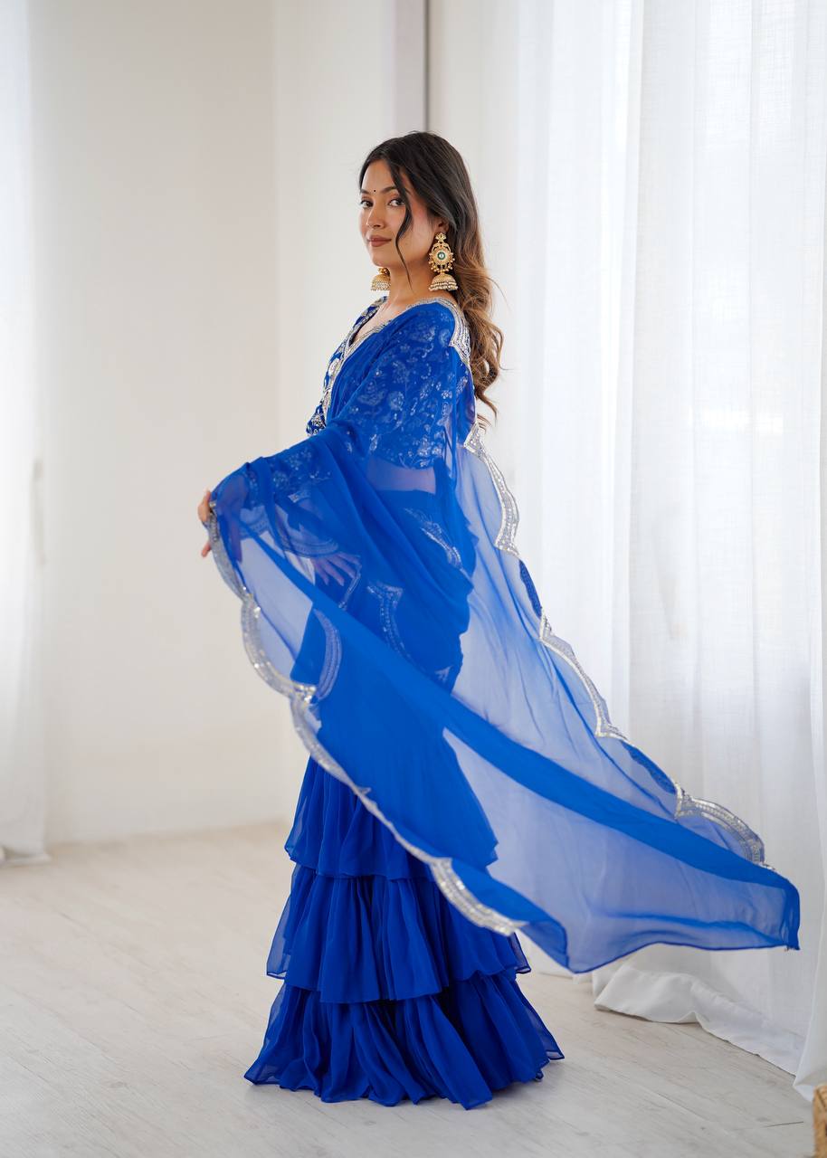 Blue Color Georgette Ruffle Ready To Wear Saree Set