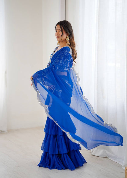 Blue Color Georgette Ruffle Ready To Wear Saree Set