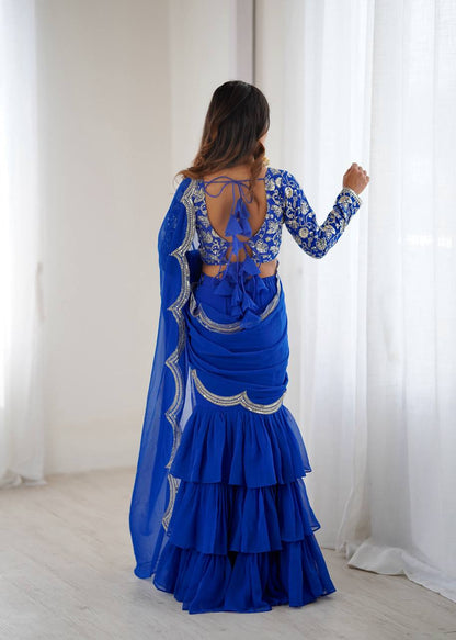 Blue Color Georgette Ruffle Ready To Wear Saree Set