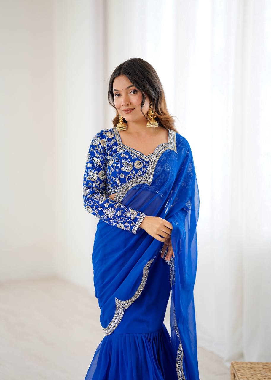 Blue Color Georgette Ruffle Ready To Wear Saree Set