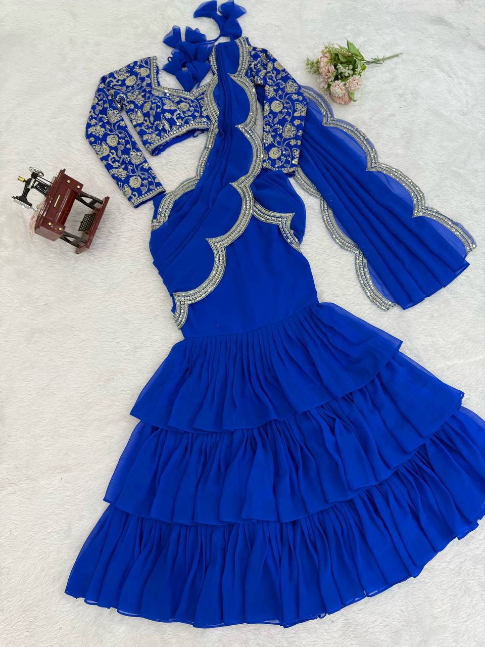 Blue Color Georgette Ruffle Ready To Wear Saree Set