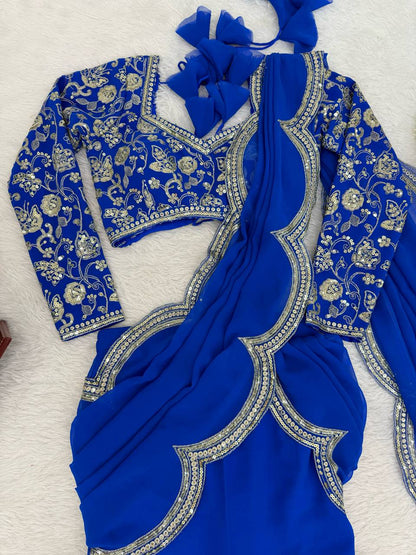 Blue Color Georgette Ruffle Ready To Wear Saree Set