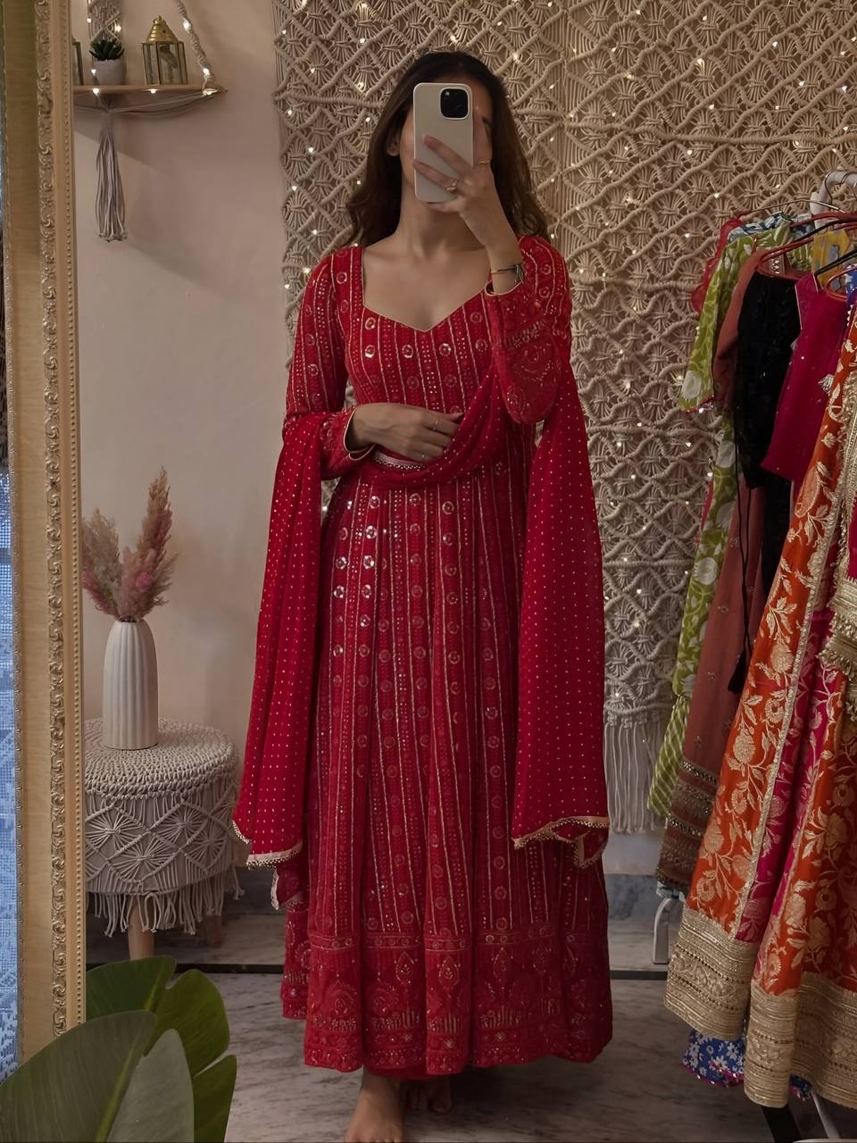 Designer Rani Color Thread Embroidered Ready To Wear Gown Set
