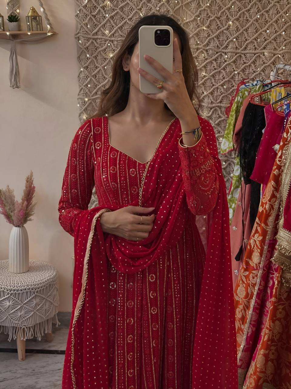 Designer Rani Color Thread Embroidered Ready To Wear Gown Set