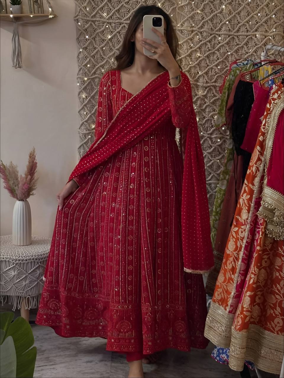 Designer Rani Color Thread Embroidered Ready To Wear Gown Set