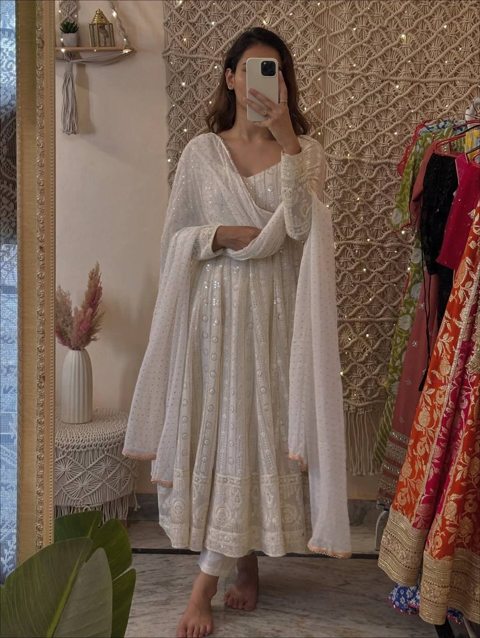 Designer White Color Thread Embroidered Ready To Wear Gown Set