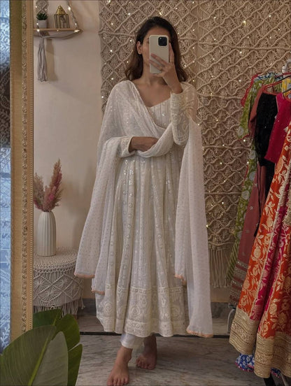Designer White Color Thread Embroidered Ready To Wear Gown Set