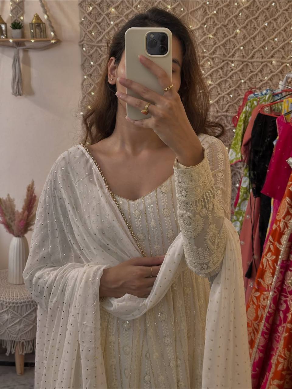 Designer White Color Thread Embroidered Ready To Wear Gown Set