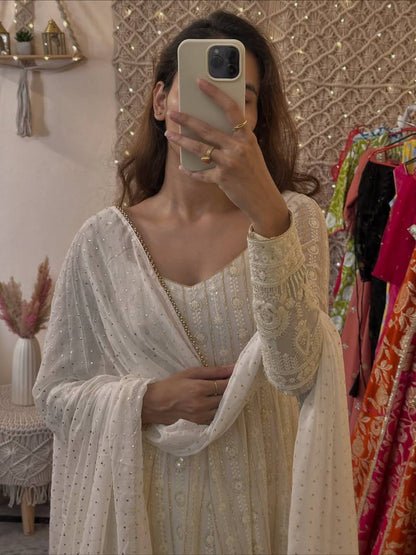 Designer White Color Thread Embroidered Ready To Wear Gown Set