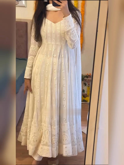Designer White Color Thread Embroidered Ready To Wear Gown Set