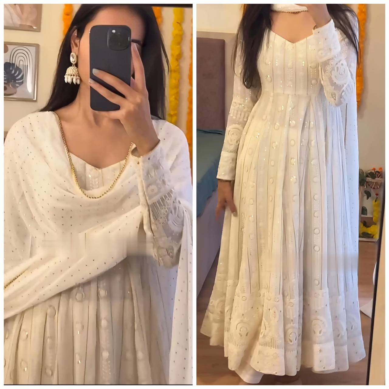 Designer White Color Thread Embroidered Ready To Wear Gown Set