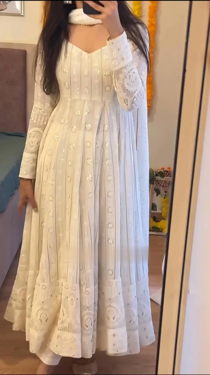 Designer White Color Thread Embroidered Ready To Wear Gown Set