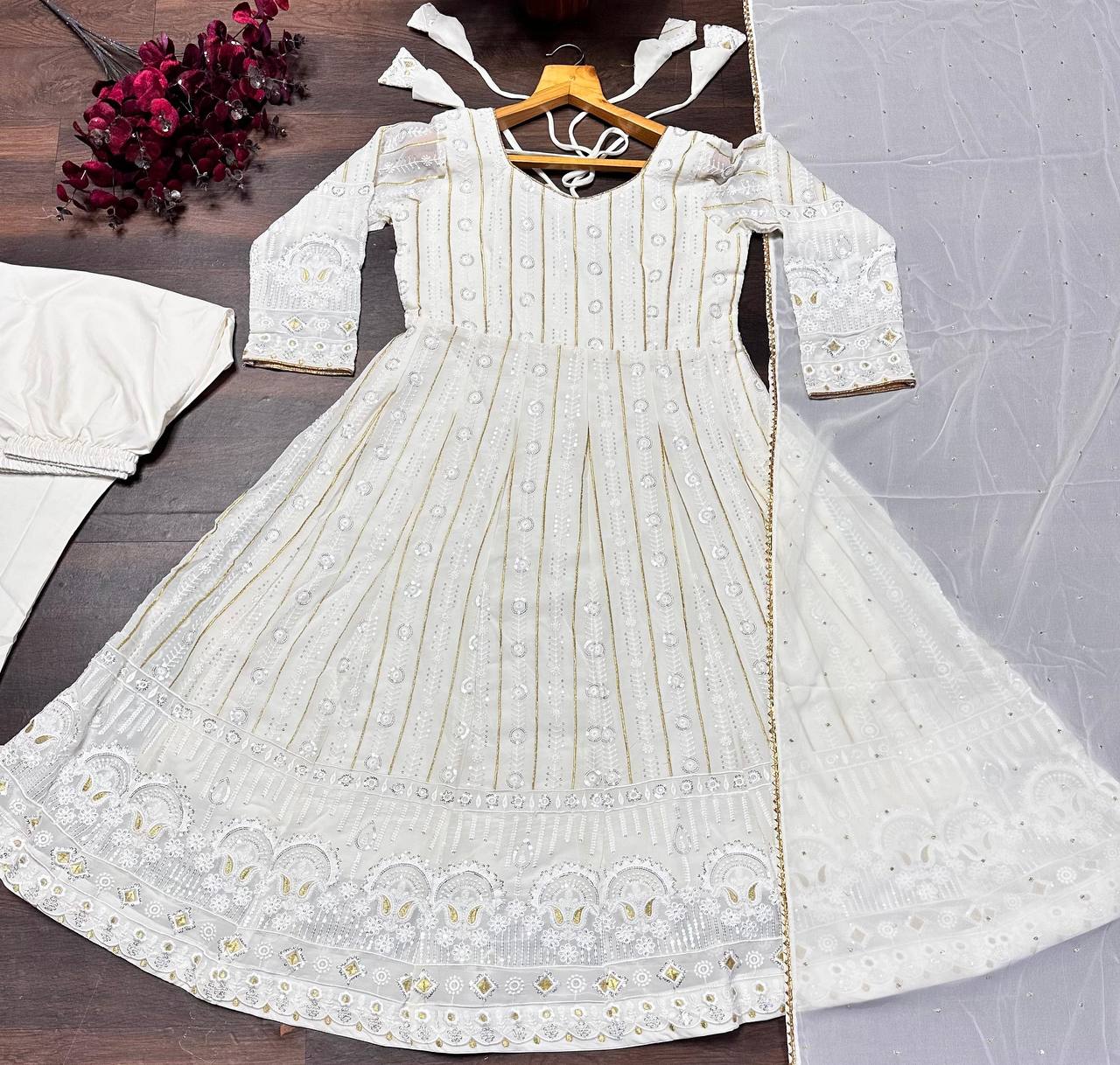 Designer White Color Thread Embroidered Ready To Wear Gown Set