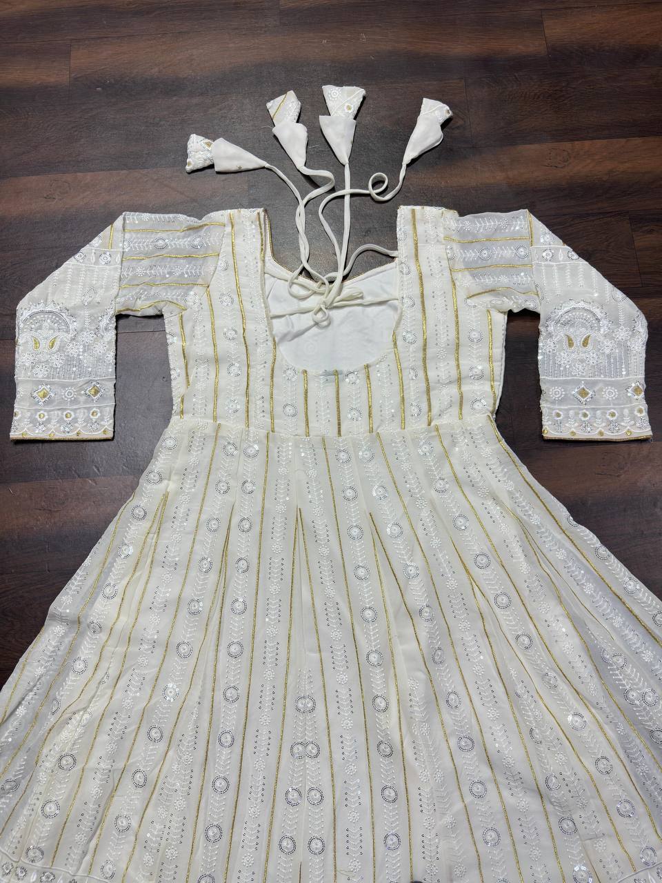 Designer White Color Thread Embroidered Ready To Wear Gown Set