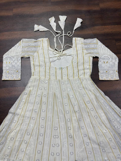 Designer White Color Thread Embroidered Ready To Wear Gown Set