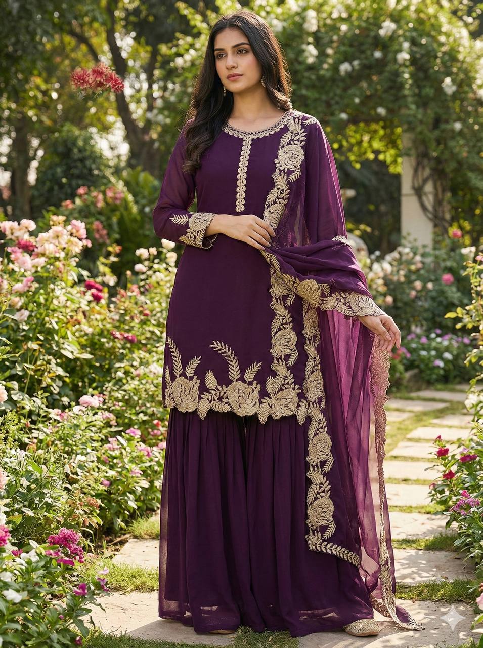 Elegant Wine Color Embroidered Palazzo Suit Set