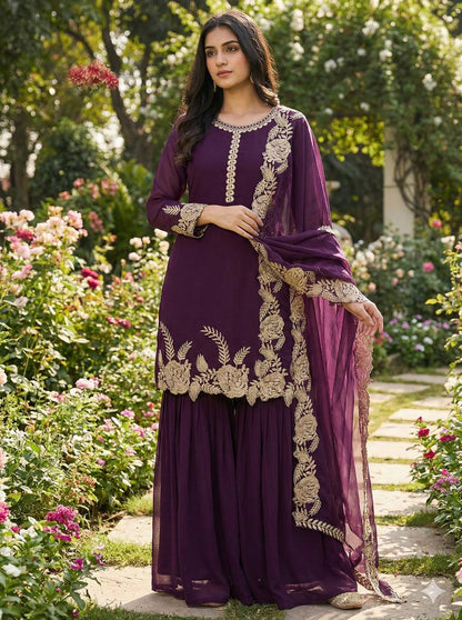 Elegant Wine Color Embroidered Palazzo Suit Set