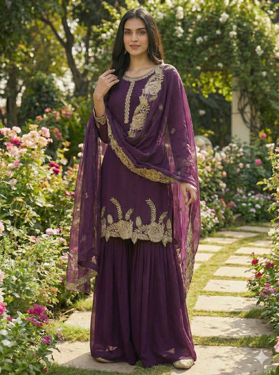 Elegant Wine Color Embroidered Palazzo Suit Set