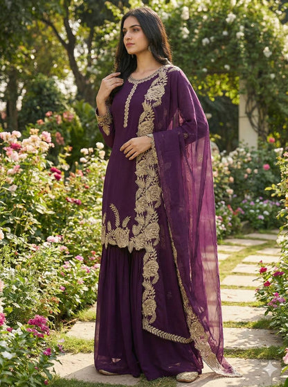 Elegant Wine Color Embroidered Palazzo Suit Set