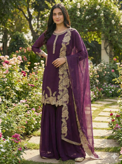 Elegant Wine Color Embroidered Palazzo Suit Set
