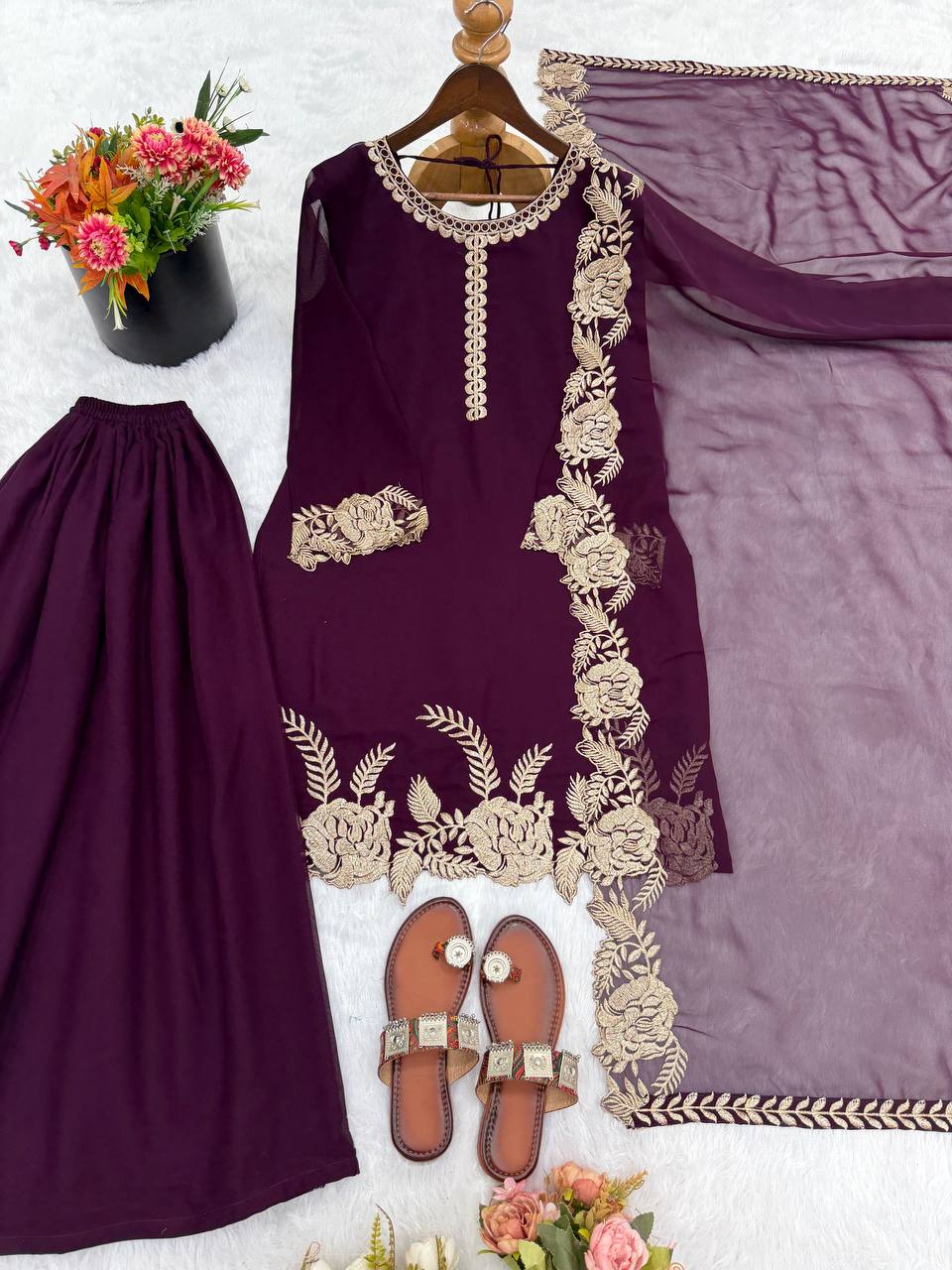 Elegant Wine Color Embroidered Palazzo Suit Set