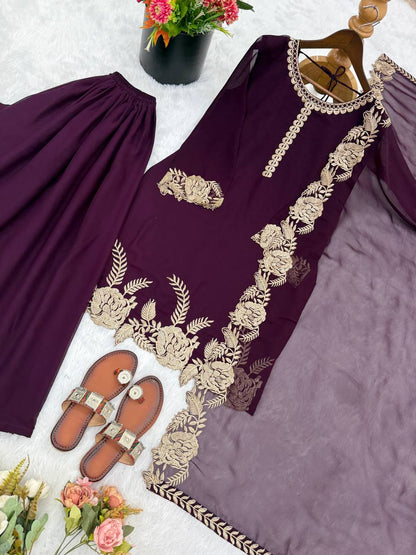 Elegant Wine Color Embroidered Palazzo Suit Set