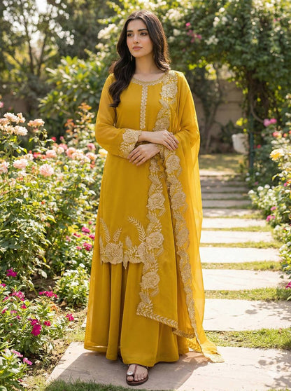 Elegant Yellow Color Embroidered Palazzo Suit Set