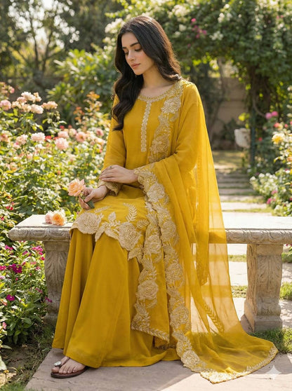 Elegant Yellow Color Embroidered Palazzo Suit Set