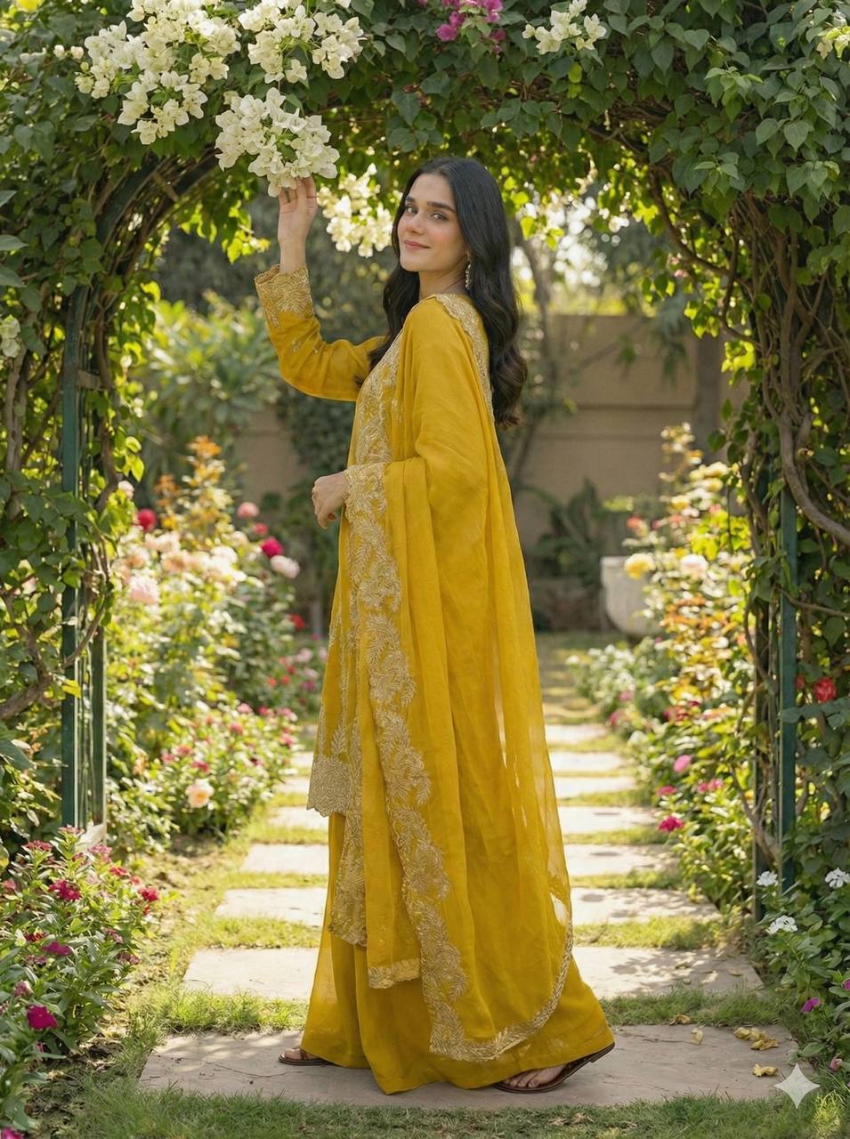 Elegant Yellow Color Embroidered Palazzo Suit Set