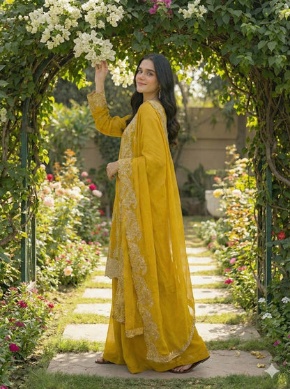Elegant Yellow Color Embroidered Palazzo Suit Set