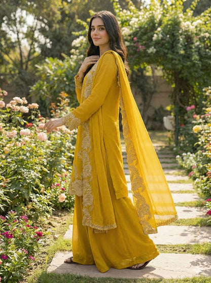Elegant Yellow Color Embroidered Palazzo Suit Set