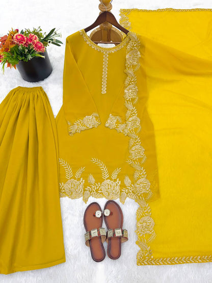 Elegant Yellow Color Embroidered Palazzo Suit Set