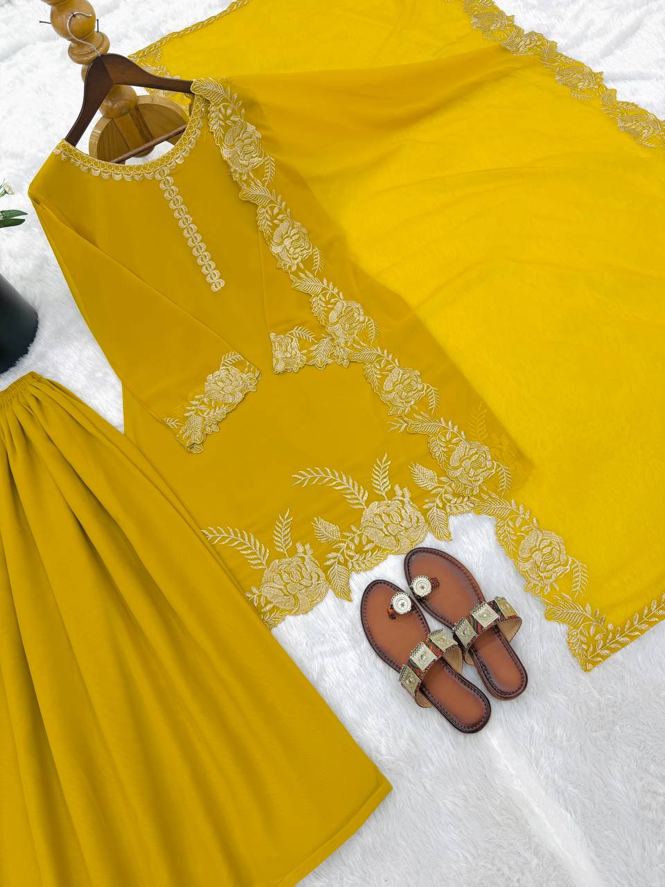 Elegant Yellow Color Embroidered Palazzo Suit Set