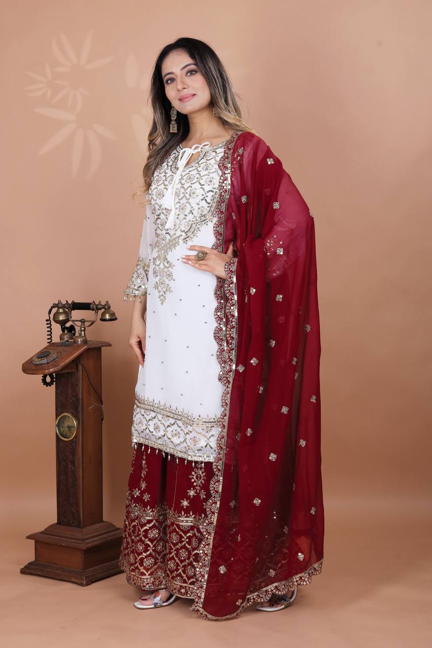 Function Wear Maroon Color Heavy Faux Georgette With Embroidery Sequence Work Sharara Suit