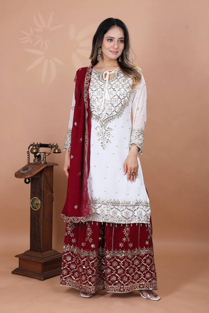 Function Wear Maroon Color Heavy Faux Georgette With Embroidery Sequence Work Sharara Suit