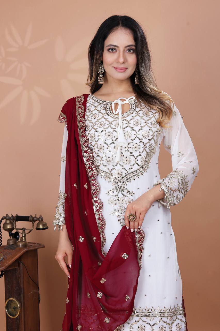 Function Wear Maroon Color Heavy Faux Georgette With Embroidery Sequence Work Sharara Suit