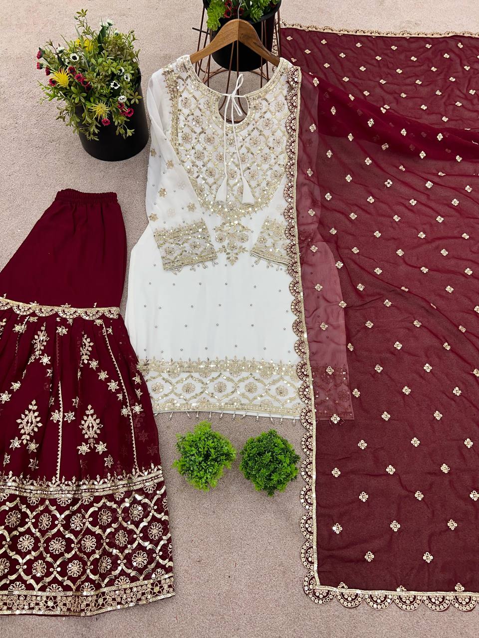 Function Wear Maroon Color Heavy Faux Georgette With Embroidery Sequence Work Sharara Suit