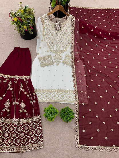Function Wear Maroon Color Heavy Faux Georgette With Embroidery Sequence Work Sharara Suit