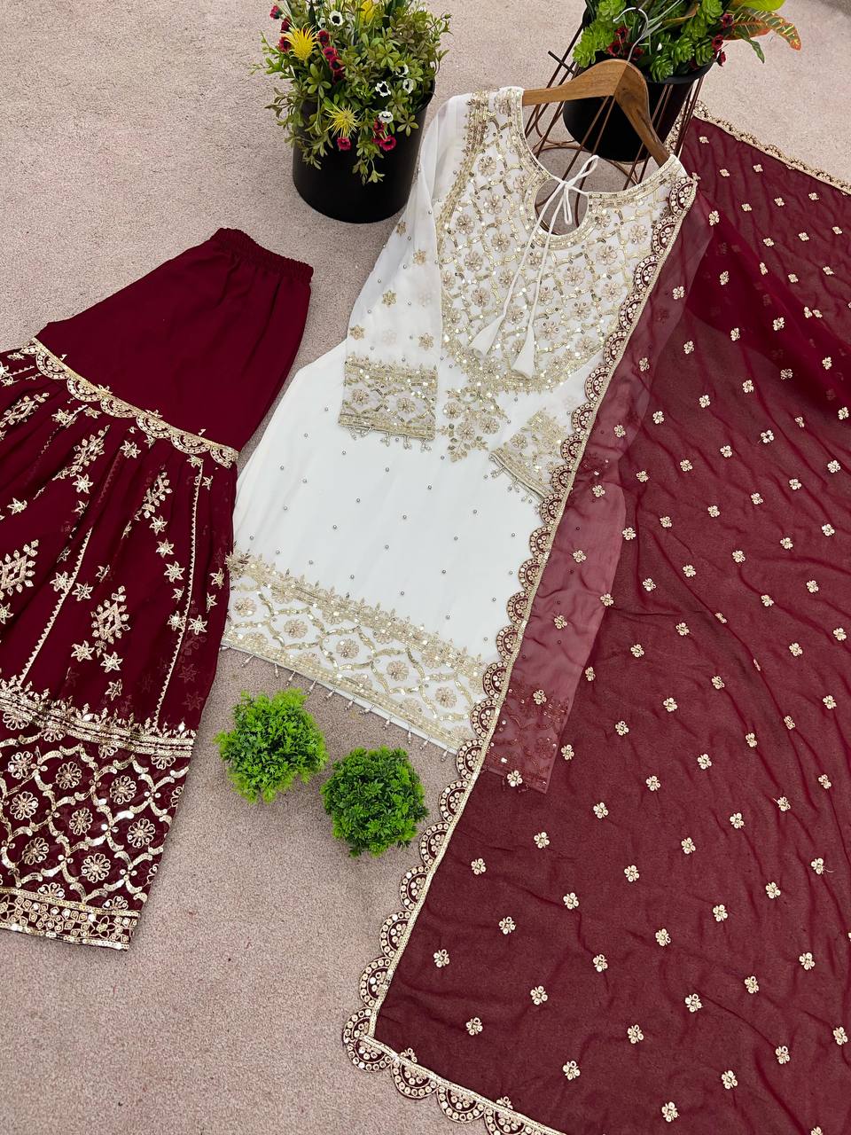 Function Wear Maroon Color Heavy Faux Georgette With Embroidery Sequence Work Sharara Suit