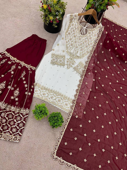 Function Wear Maroon Color Heavy Faux Georgette With Embroidery Sequence Work Sharara Suit