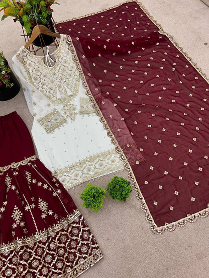 Function Wear Maroon Color Heavy Faux Georgette With Embroidery Sequence Work Sharara Suit