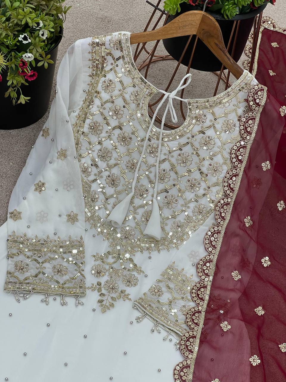 Function Wear Maroon Color Heavy Faux Georgette With Embroidery Sequence Work Sharara Suit