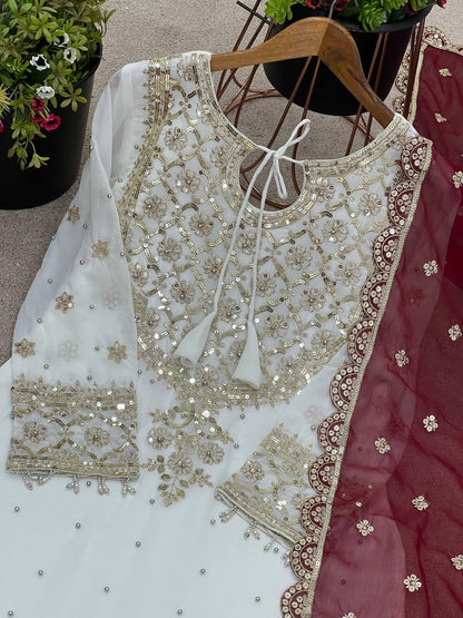 Function Wear Maroon Color Heavy Faux Georgette With Embroidery Sequence Work Sharara Suit