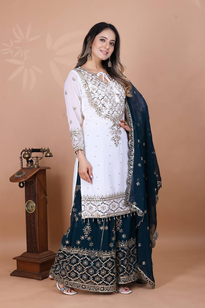 Function Wear Teal Blue Color Heavy Faux Georgette With Embroidery Sequence Work Sharara Suit