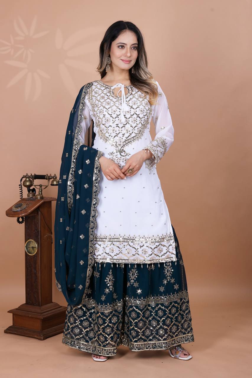 Function Wear Teal Blue Color Heavy Faux Georgette With Embroidery Sequence Work Sharara Suit
