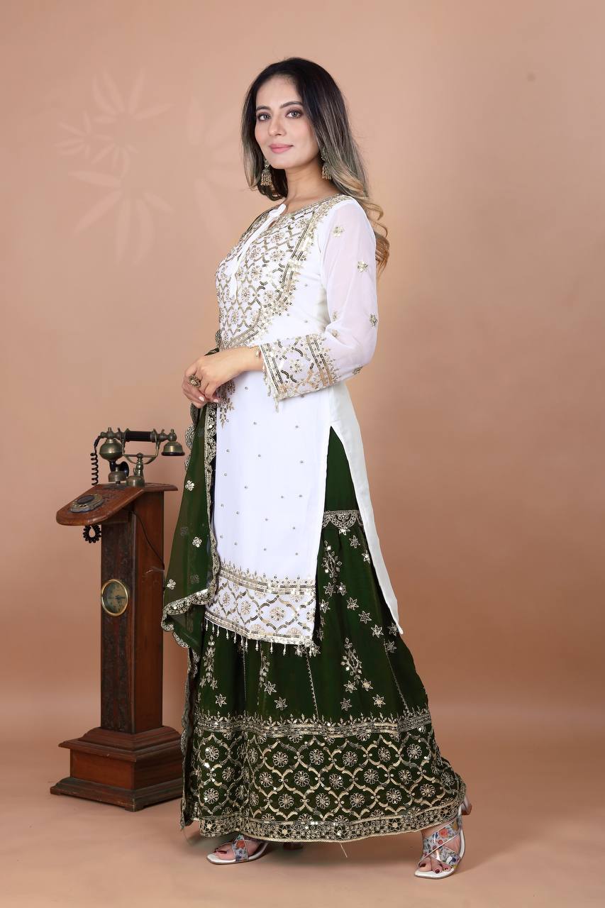 Function Wear Green Color Heavy Faux Georgette With Embroidery Sequence Work Sharara Suit